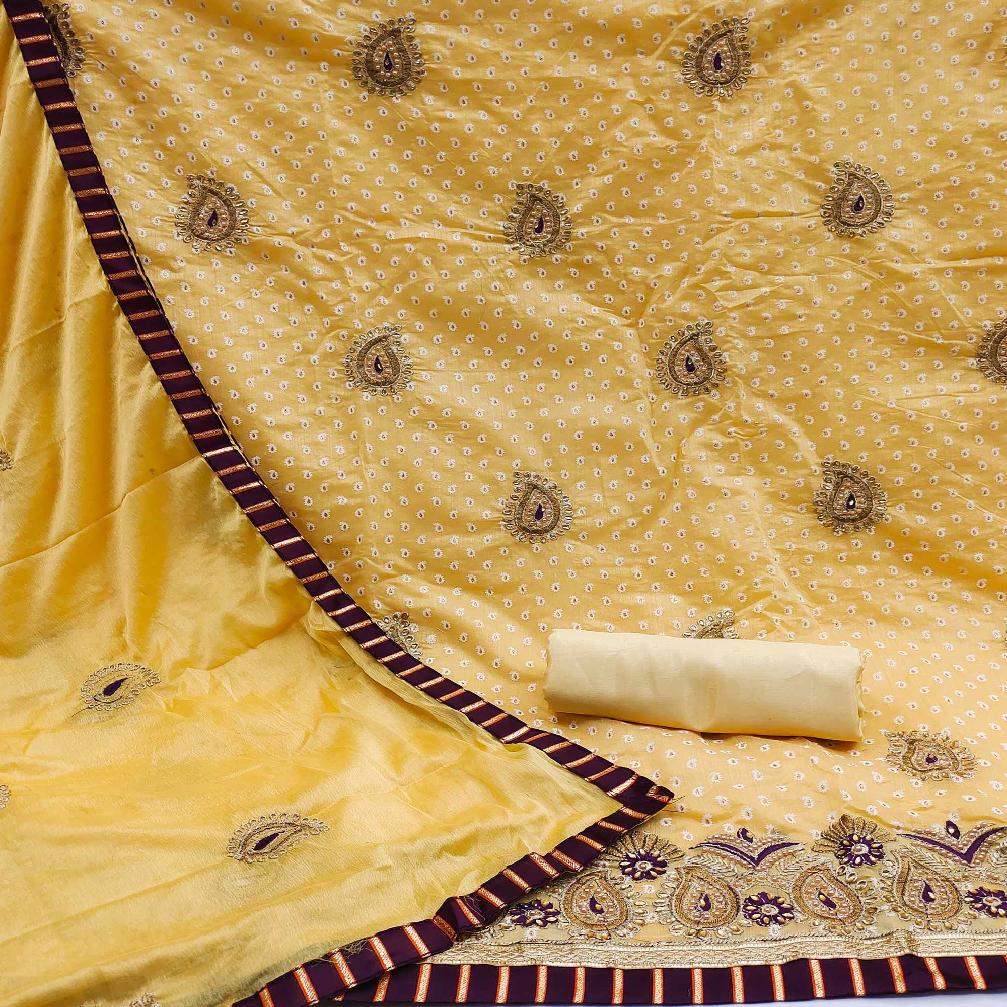 Yellow Zardosi Work Fancy Fabric Dress Material - Peachmode