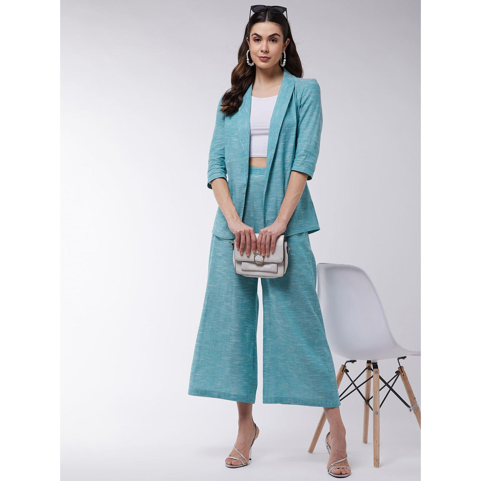 Zima Leto - Women's Green Colored Chambray Long Blazer And Pant Set - Peachmode