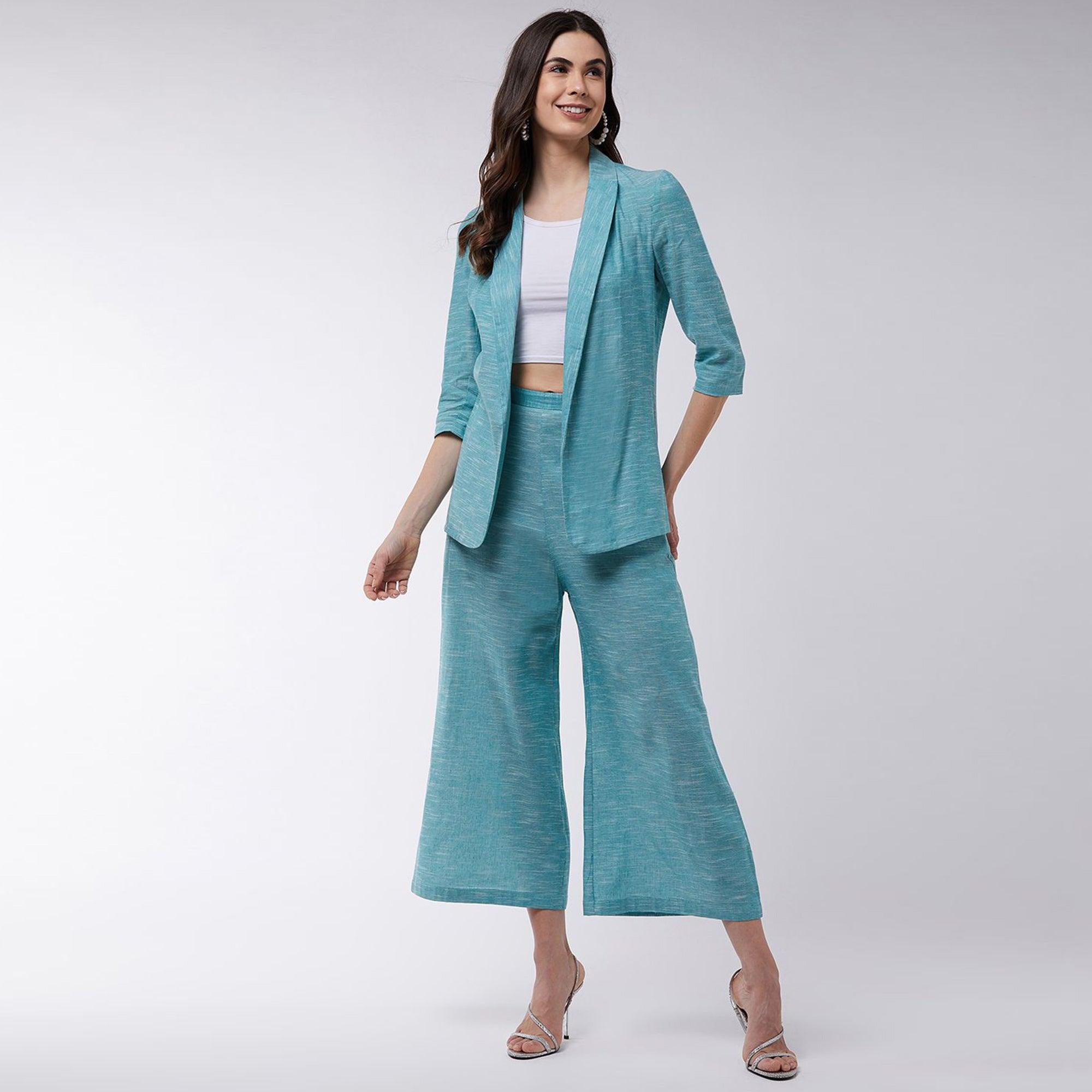 Zima Leto - Women's Green Colored Chambray Long Blazer And Pant Set - Peachmode