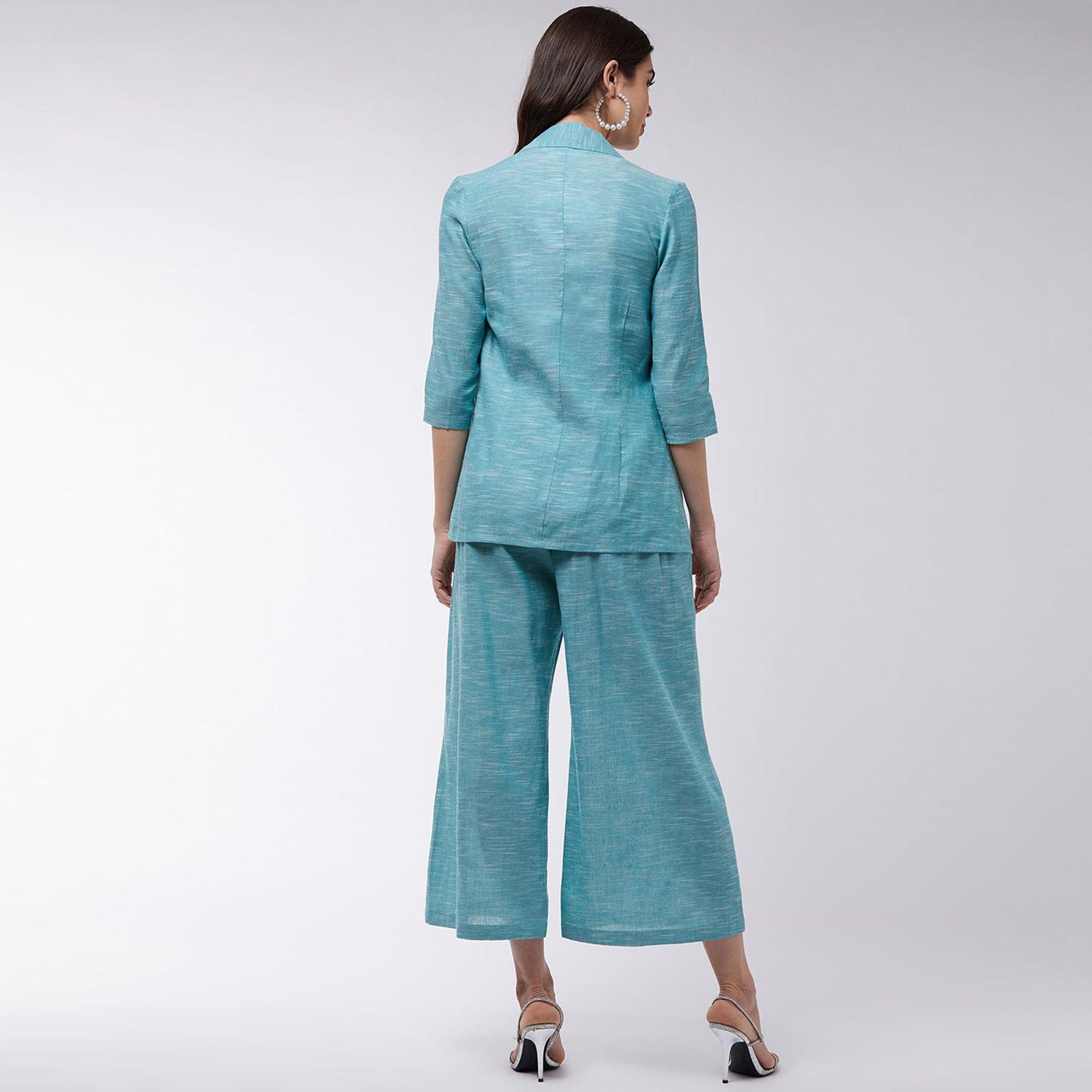 Zima Leto - Women's Green Colored Chambray Long Blazer And Pant Set - Peachmode
