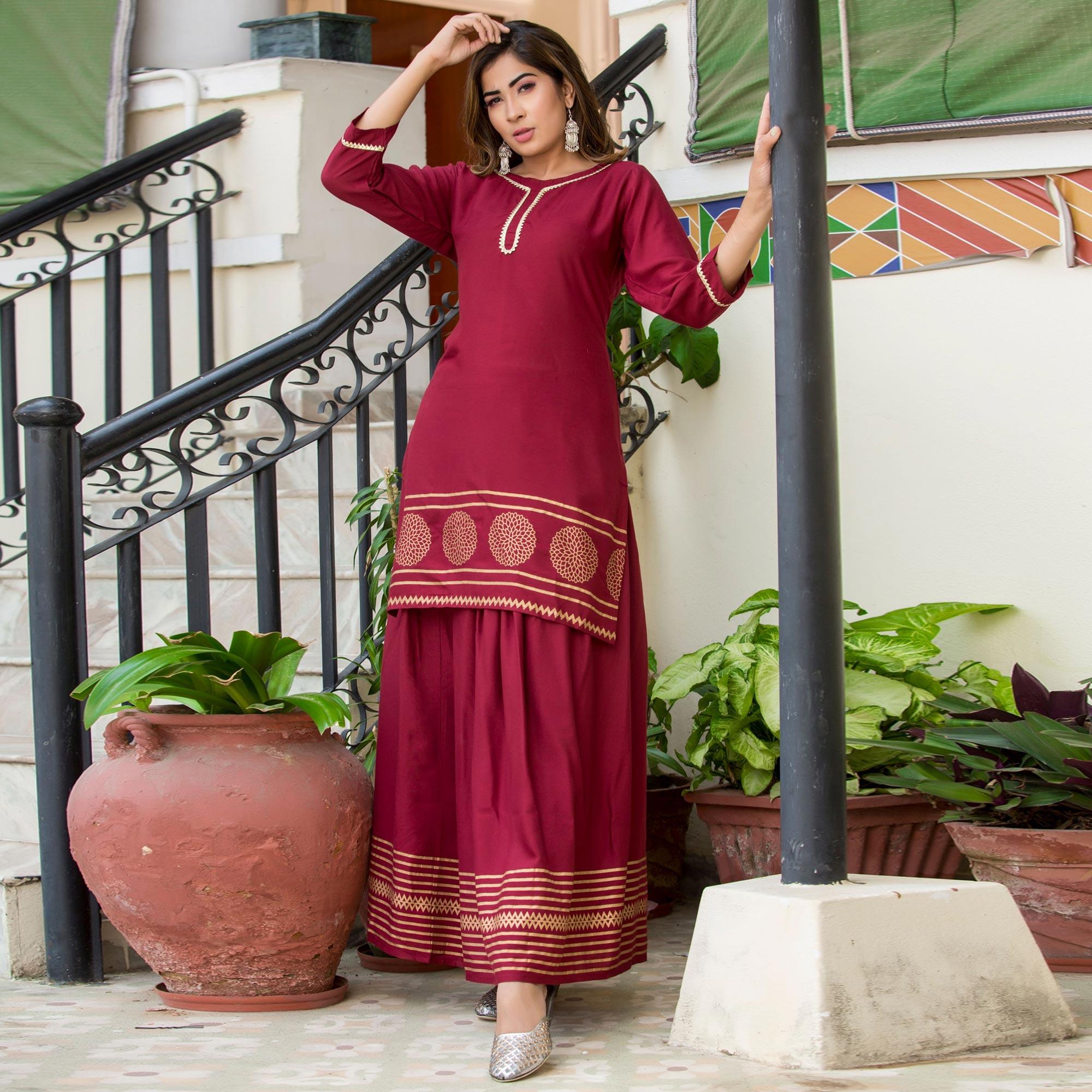 Zyla - Maroon Colored Mialo Rayon Kurti With Skirt - Peachmode