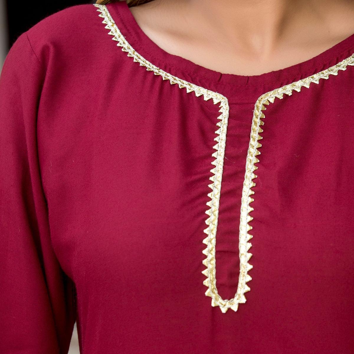 Zyla - Maroon Colored Mialo Rayon Kurti With Skirt - Peachmode